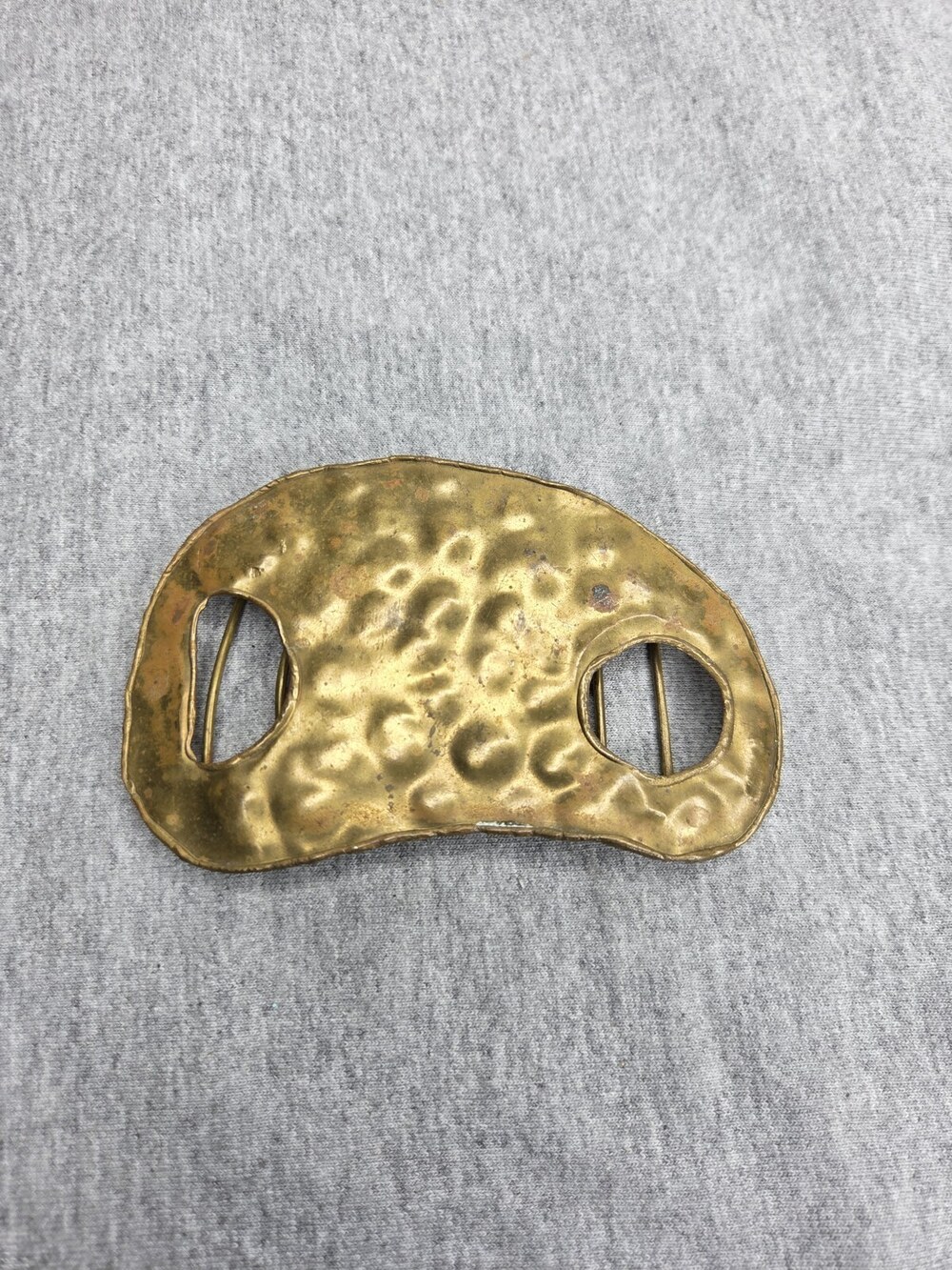 Vintage Hammered Brass Belt Buckle Modernist Brutalist Kidney Shape India Large